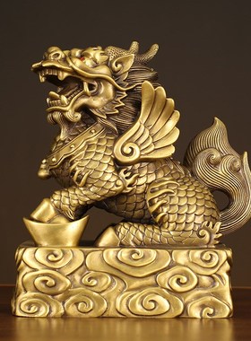 铜麒麟摆件一对黄铜客厅酒柜办公室开业礼品大号飞天麒麟摆件装饰