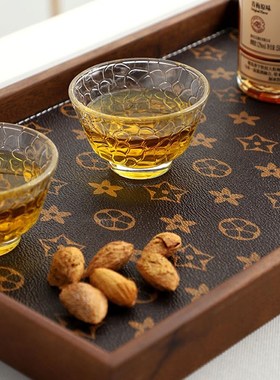 高档胡桃木皮革五角星长方形托盘轻奢实木收纳盘酒杯茶装饰品摆件
