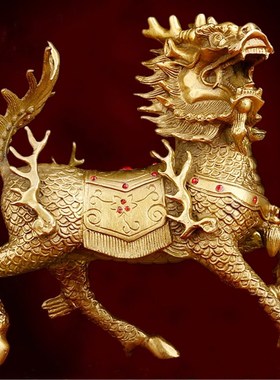 铜麒麟摆件一对纯铜火麒麟鎮宅紫铜送子求子财富麒麟家用门口大小