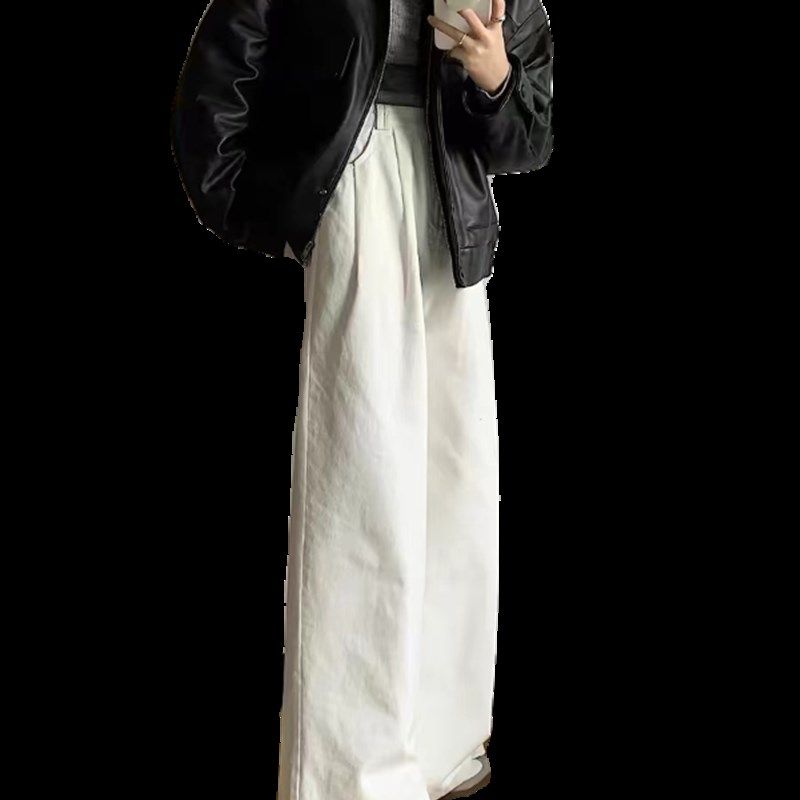 设计感白色阔腿裤牛仔裤女2024年新款春秋高腰直筒裤宽松休闲长裤,淘宝优惠券,粉丝福利购,淘宝优惠卷