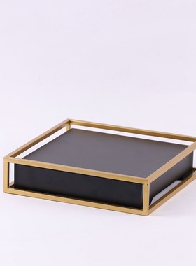 新中式样板间软装圆形托盘创意黑烤漆铁艺托架摆件售楼处配饰摆设