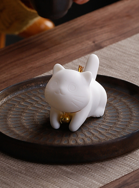 创意陶瓷迷你可爱招财小萌猫摆件禅意家居中式鱼缸流水盆景装饰品