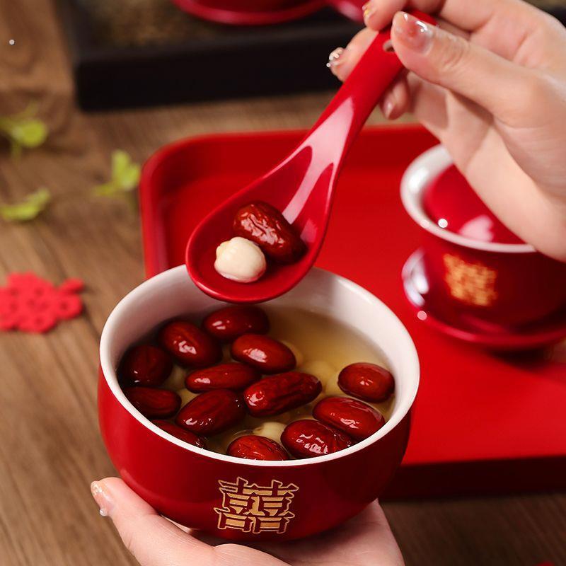 Modified teacup wedding set, pair of bowls and chopsticks, red wedding bowl, dowry tea set, wedding supplies, toasting cup collection