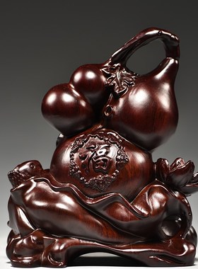 黑檀木雕葫芦摆件福禄有余鱼祝寿送礼品客厅玄关电视柜中式装饰品