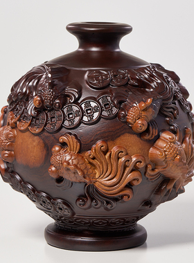 实木花瓶摆件黑檀木雕金玉满堂客厅插花电视柜装饰工艺品乔迁送礼