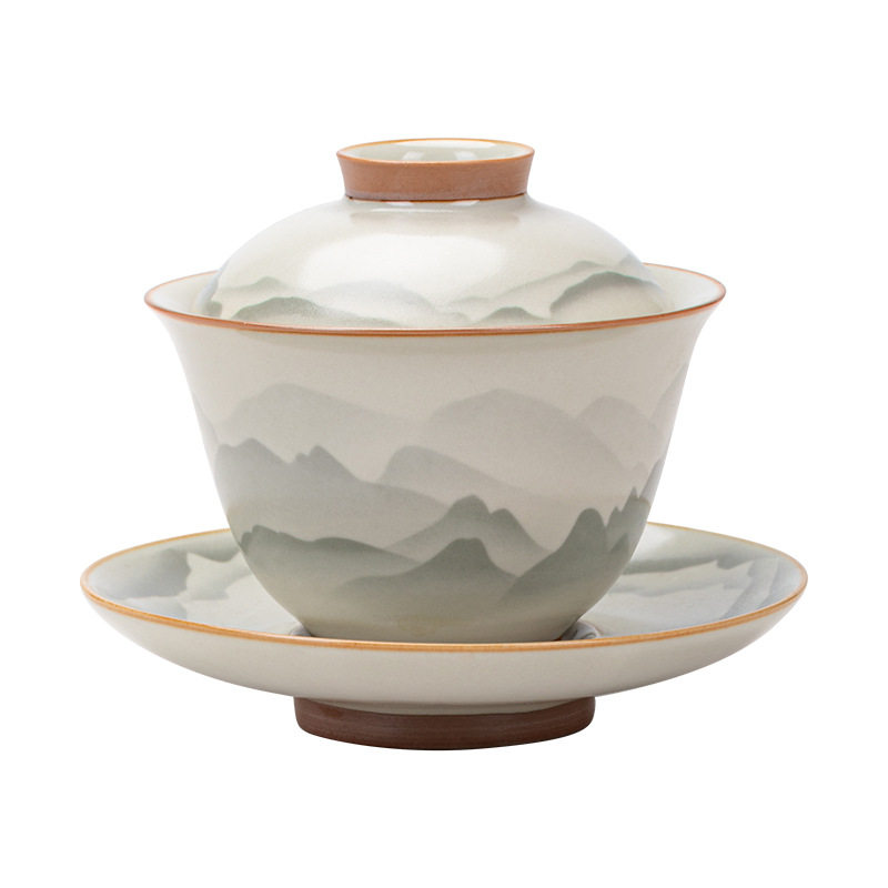 Ink Chinese style retro Ru kiln Sancai covered bowl high-end household tea set anti-scalding with lid retro kung fu tea bowl