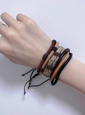 边水往事但拓江奇霖同款手链欧美简约复古套装手链麻绳真皮手链