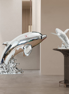 海豚雕塑动物装饰样板房酒店大堂楼梯转角鲸鱼落地装置艺术品摆件