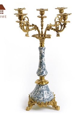 新古典青花瓷陶瓷配铜复古天使时钟烛台摆件奢华别墅会所高端饰品