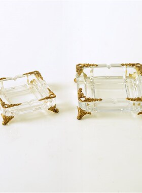 欧式水晶玻璃镶铜方形大号烟灰缸别墅客厅茶几烟碟装饰摆件送礼