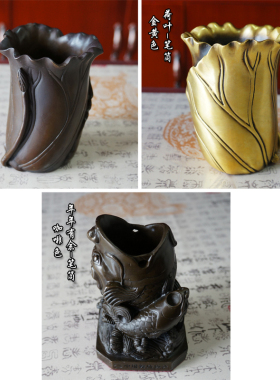 黄铜手工笔筒摆件纯铜现代简约老板办公室桌面书房中式圆形收纳