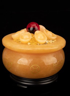 聚宝盆摆件 米黄玉元宝玉石家居客厅装饰店铺开业乔迁工艺礼品