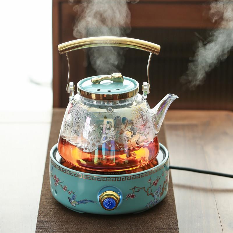 Explosion-proof high borosilicate glass tea kettle, black crystal stove, household tea set, thickened handle kettle