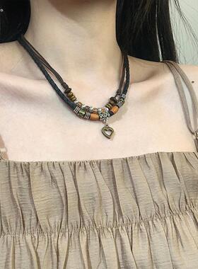 新中式异域民族风编绳项炼长款抽绳小众设计感锁骨炼覆古狼牙吊坠