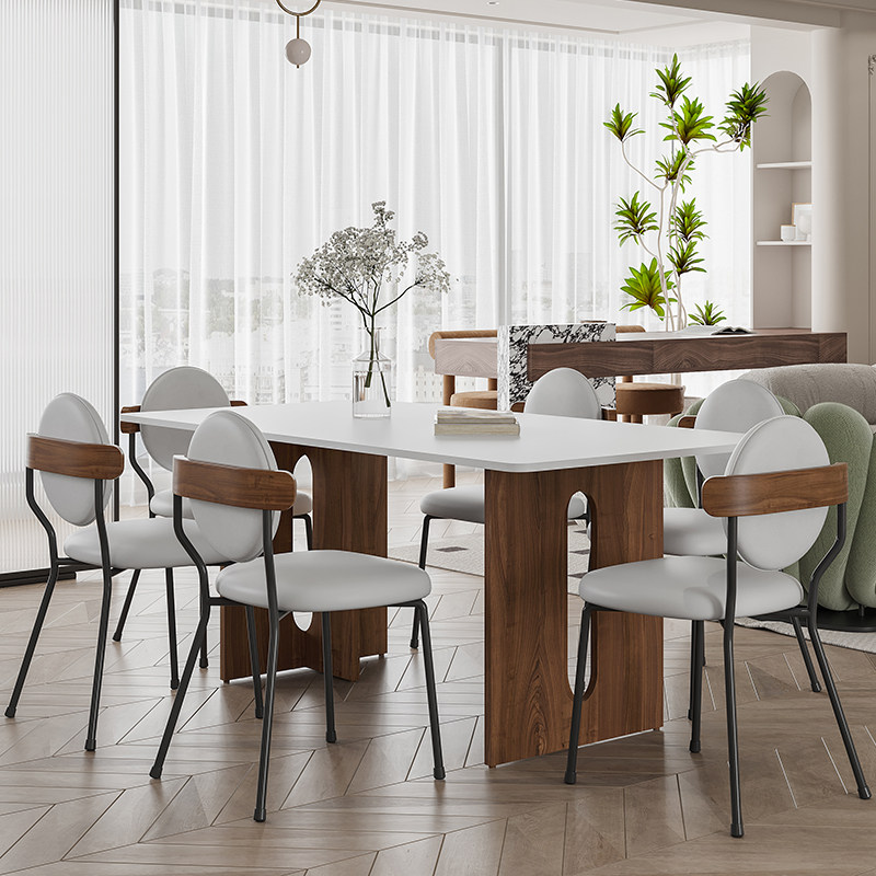 中古风实木奶油白色哑光岩板复古餐桌椅组合小户型长方形岛台家用,淘宝优惠券,粉丝福利购,淘宝优惠卷