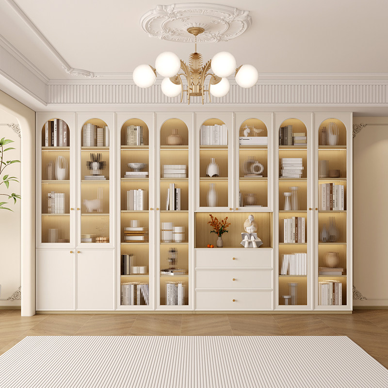 法式奶油风客厅书房组合书柜展示柜一体靠墙玻璃门书架储物柜,淘宝优惠券,粉丝福利购,淘宝优惠卷