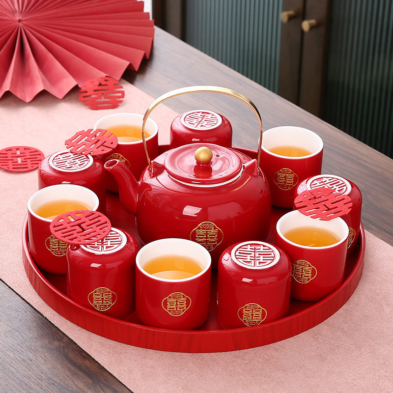 New tea cup set festive Chinese style bride engagement dowry red tray teapot
