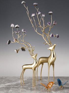 中式奢华大号座落地黄铜招财福鹿客厅入户玄关别墅水晶石家居摆件