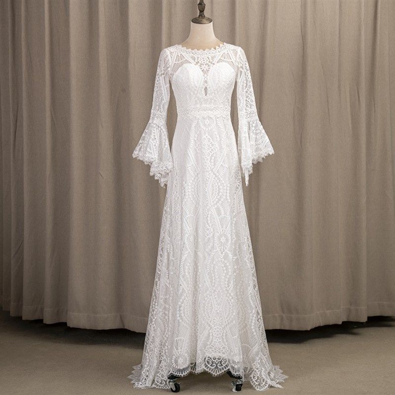 草坪婚礼出门纱复古白色蕾丝喇叭袖轻婚纱户外新娘服敬酒服礼服裙,淘宝优惠券,粉丝福利购,淘宝优惠卷