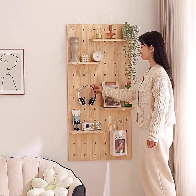 Customized solid wood hole board entrance wall storage rack accessories partition wall styling wall display storage rack