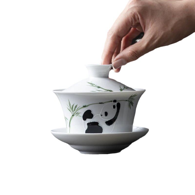 White porcelain hand-painted panda playing with bamboo Sancai bowl teahouse literati ceramic kung fu tea bowl Sichuan and Sichuan culture tea set