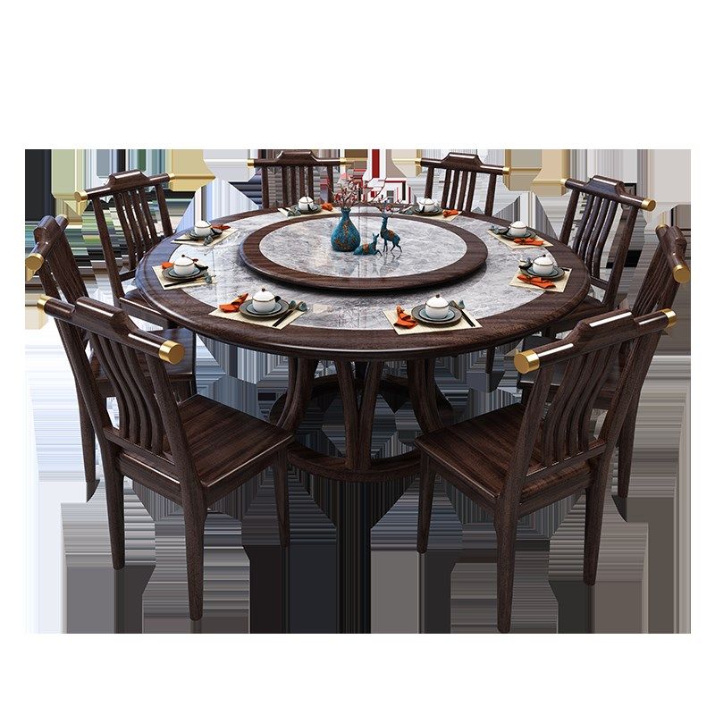 乌金色实木岩板圆形餐桌椅组合带电磁炉转盘家用火锅饭桌大圆桌子,淘宝优惠券,粉丝福利购,淘宝优惠卷