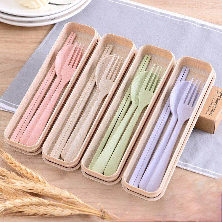 小麦秸秆勺筷叉三件套学生成人旅行餐具带盒子便携礼品餐具筷勺叉,淘宝优惠券,粉丝福利购,淘宝优惠卷