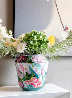 柏梵现代欧式田园油画玫瑰陶瓷花瓶茶几玄关餐桌高档插花装饰摆饰