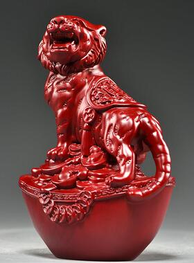 红色木头老虎摆件实木质雕刻十二生肖木制上山虎吉祥物装饰工艺品