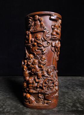 名俗老物件手工雕刻竹雕笔筒花梨木黄杨木古玩旧货书房摆件收藏