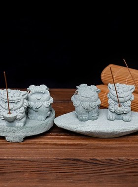 创意招财石狮子香插茶桌桌面茶宠摆件青砂石风狮爷鱼缸造景装饰品