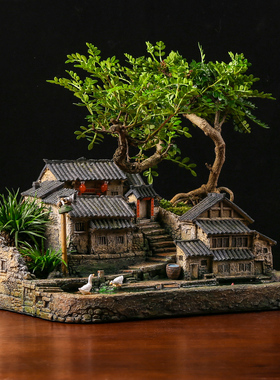 老桩盆景微景观造型盆栽办公桌装饰摆件复古房子花盆微缩建筑模型