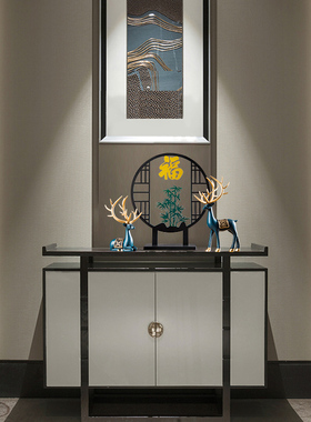 新中式禅意家居创意博古架古风玄关酒柜装饰竹报平安屏风福鹿摆件