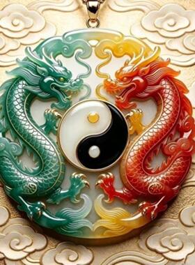 双龙太极精雕吊坠项链国潮风送30
