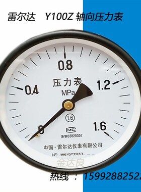 雷尔达轴向压力表Y100Z轴向无边卧式安装压力表0-1/1.6MPA水压表