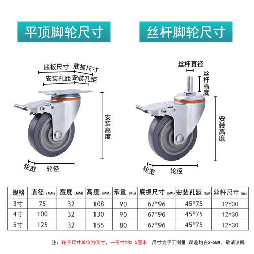 3寸4寸5寸轻型TPR静音万向轮平板手推车重型脚轮航空箱货架小轮子 - 图2