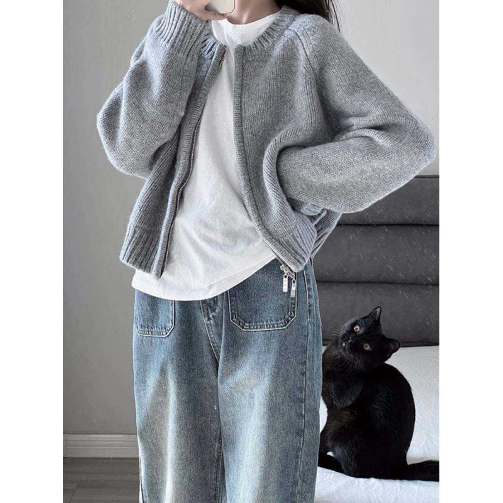 蓝女色毛衣外套针织开链衫学生潮国牌7594Q秋冬外穿拉上衣通勤卫,淘宝优惠券,粉丝福利购,淘宝优惠卷