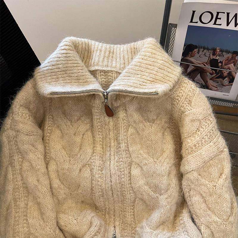 高领加厚拉链针织SP15817懒麻毛衣外女2024秋季新款花韩系软糯慵,淘宝优惠券,粉丝福利购,淘宝优惠卷