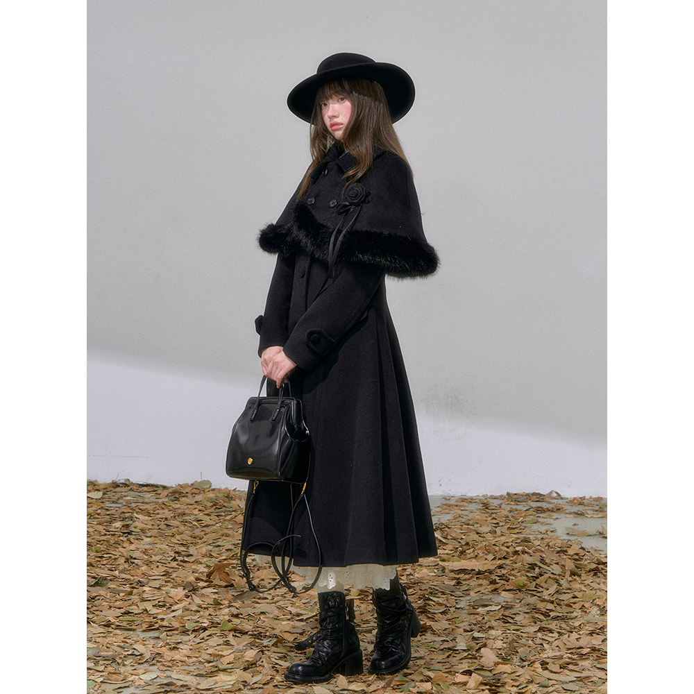 '雪夜棋局'千金风双排扣毛呢外套女黑色收腰大衣毛绒斗篷两件套装,淘宝优惠券,粉丝福利购,淘宝优惠卷