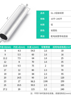伊莱科紫铜接线端子GT铜管鼻子通孔铜连接管电线接线管冷压GL铝管