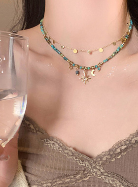 蓝色芒星串珠叠戴女轻奢锁骨链30