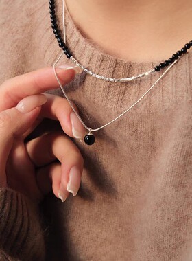 天然黑玛瑙碎银针双层叠戴轻奢