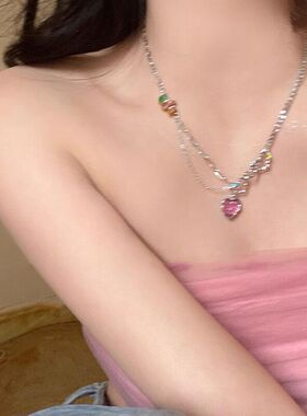 彩色爱心碎银锁骨链女夏季小众