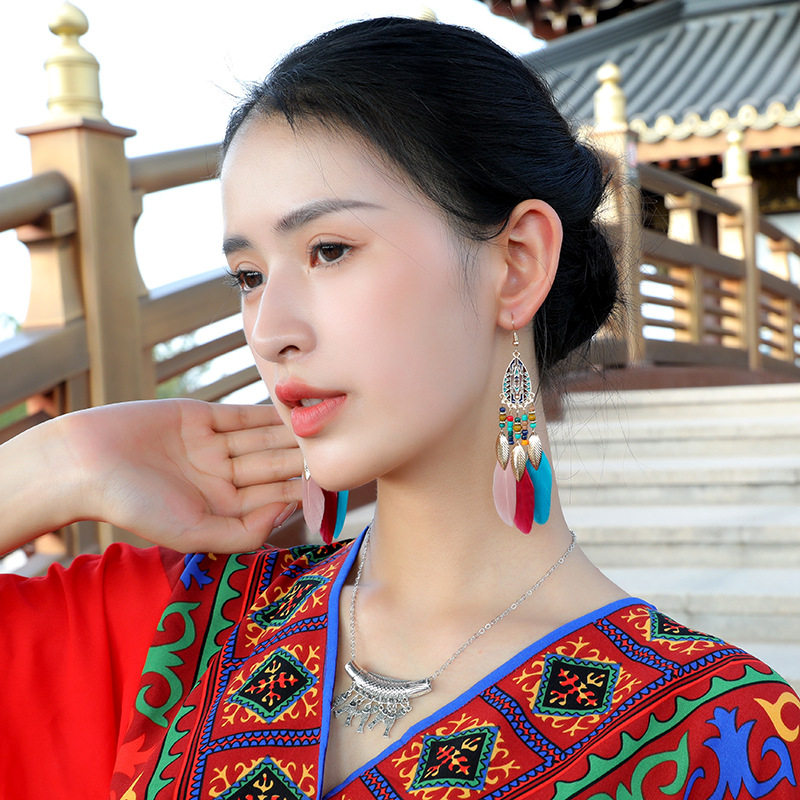 水滴流苏羽毛耳环女长款波西米亚米珠耳饰民族风旅游度假配饰,淘宝优惠券,粉丝福利购,淘宝优惠卷