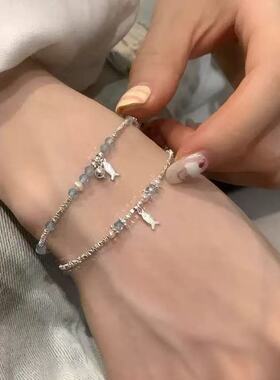 蓝色托帕石配天然珍珠小鱼手链｜