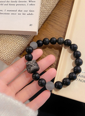 轻奢小众设计感简约个性文艺复古中国风黑曜石手串醒狮纳福手链女