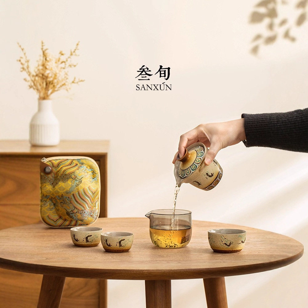 Dunhuang Feitian Quick Cup Portable Tea Making Pot, Three Cups, Travel Outdoor Camping Tea Set