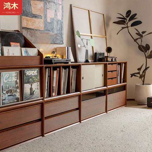 北欧实木书柜家用落地多功能电视柜客厅靠墙中古隔断收纳柜储物柜 - 图0