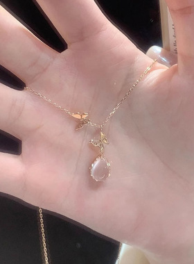 925纯银粉水晶水滴蝴蝶项链女轻奢小众高级设计感ins风批发锁骨链