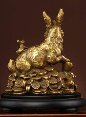 黄铜铜兔子摆件元宝生肖兔工艺品客厅中式家居办公金属装饰品摆设